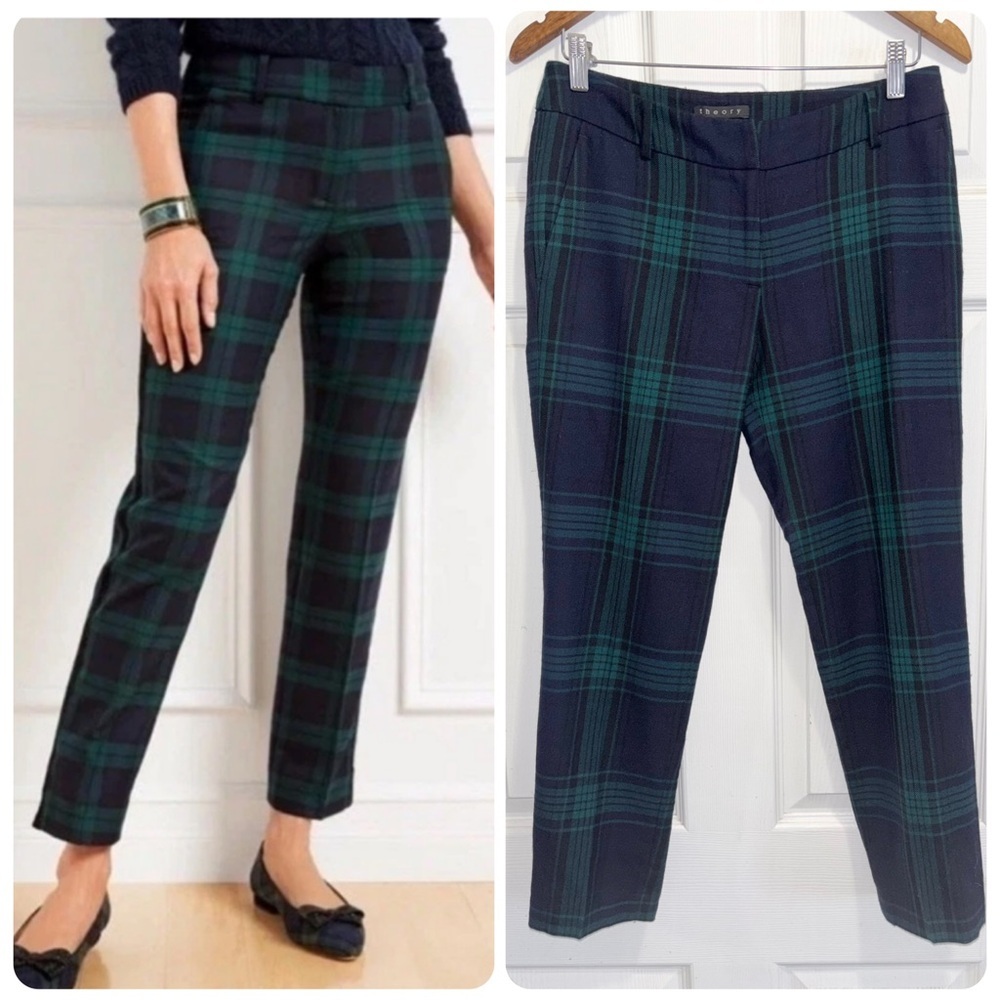 Theory Plaid Check Wool Pants Navy Blue Green Cropped Trousers Size 6